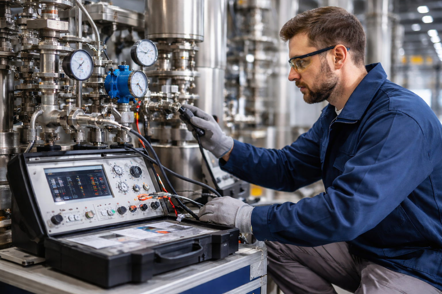 Technician performing Instrument Calibration Services using certified Calibrated Test Equipment at an industrial facility